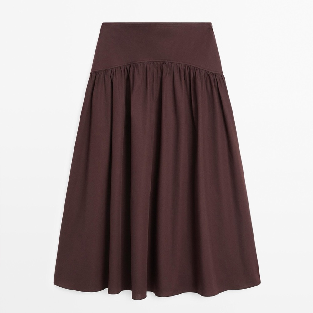 Massimo Dutti Brown Cotton Midi Skirt w Yoke Detail. Quiet Luxury NWT 4